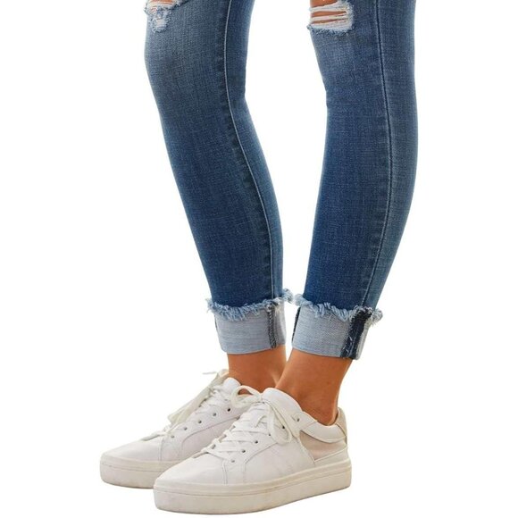 Women's High Rise Distressed Cuffed Ankle Skinny Jeans Medium Wash 28 - Picture 5 of 5